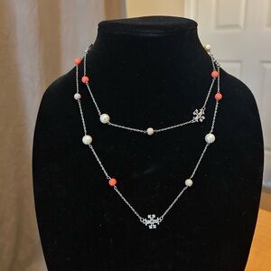 Tory Burch Kira Logo Pearl Necklace with Orange and Beige Beads